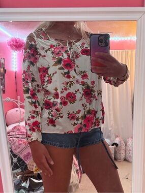 Floral Tie-Neck Long Sleeve Top - White with Pink Floral